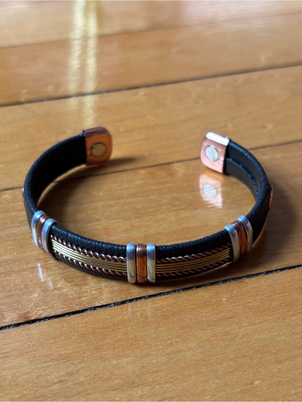 NWOT Mixed-Metal Copper & Black Leather Wrapped Magnetic Cuff Bangle Bracelet - Picture 15 of 16